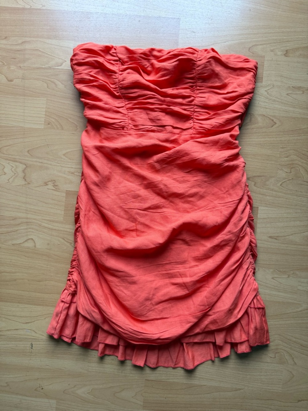 Orange Strapless Ruched Ruffle Mini Dress - Picture 9 of 11